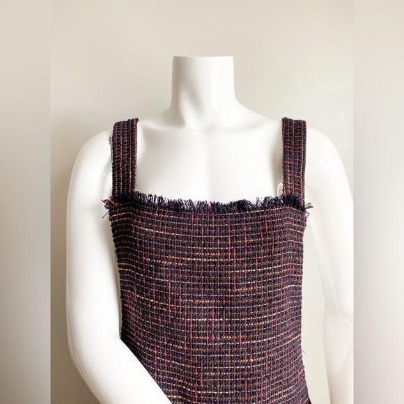 ZARA Tweed Burgundy Overalls Dress Mini Square Neck Sleeveless Classic Preppy S - Picture 5 of 12